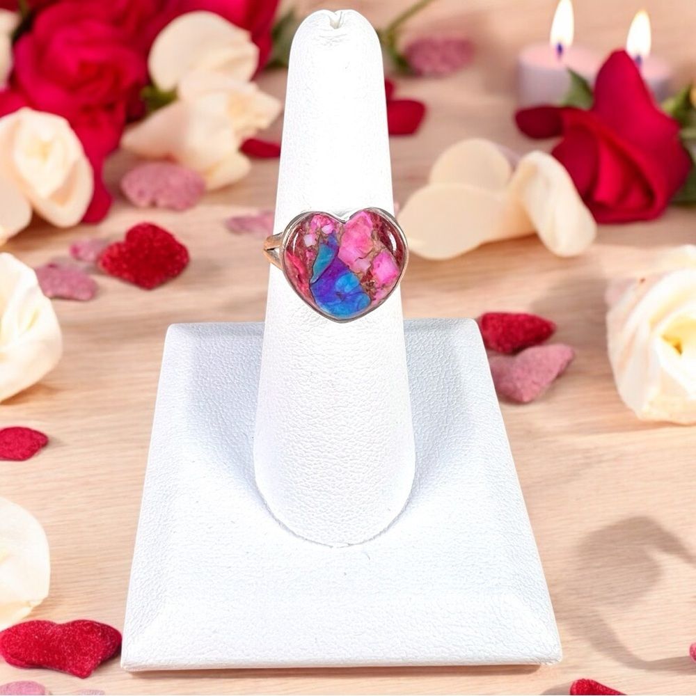 Heart Shaped Pink Kingman Turquoise Ring Solid Sterling Silver - Sz 7